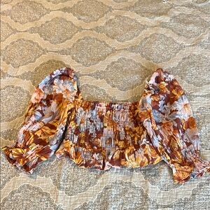 MINKPINK Brown and Orange Smocked Ruffled Crop Blouse